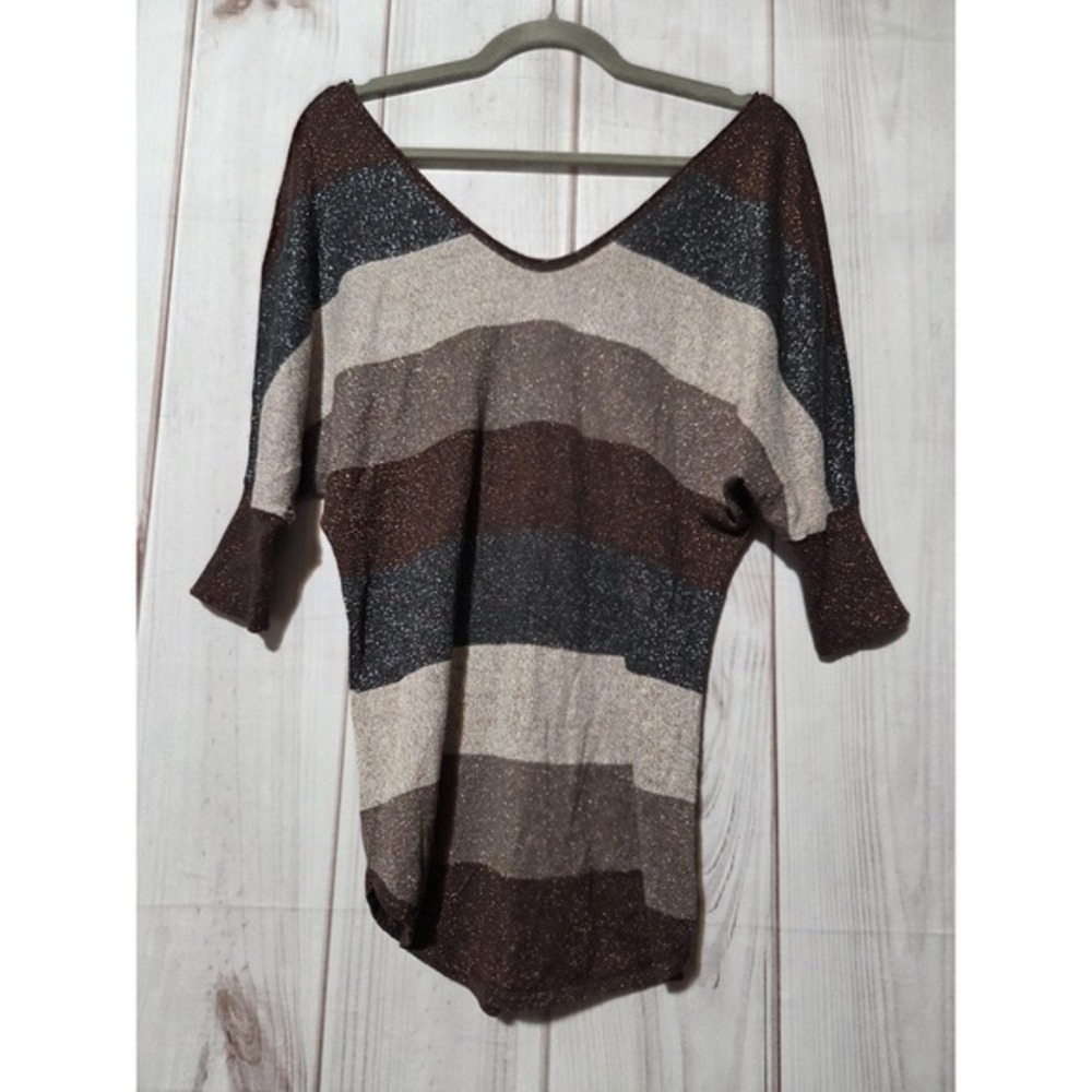 Express Sweater Womens Small Brown Metallic Stripe Tunic Dolman 3/4‎ Sleeve Top
